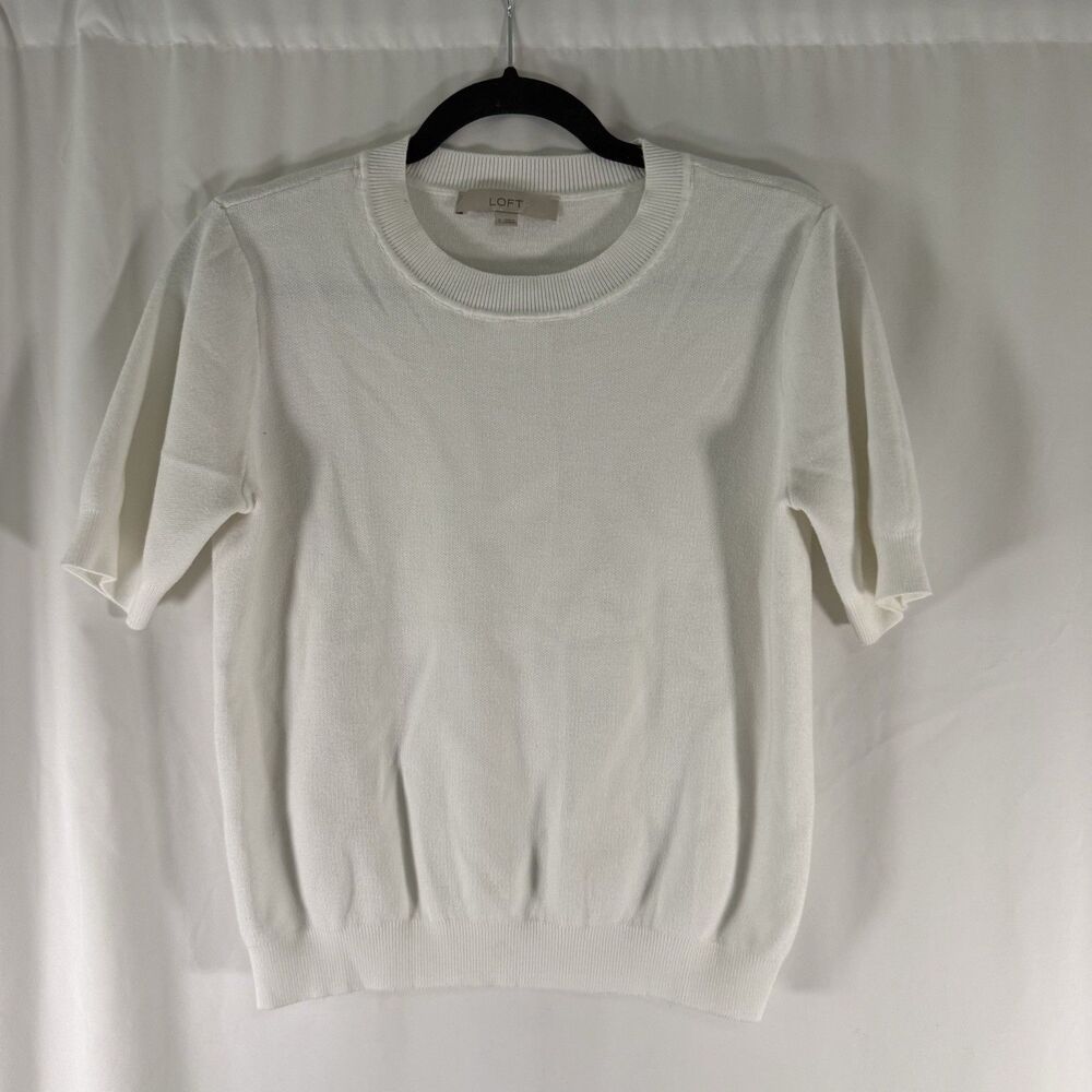 LOFT Knit Sweater Blouse Women's Small White Short Sleeve Crewneck Pullover